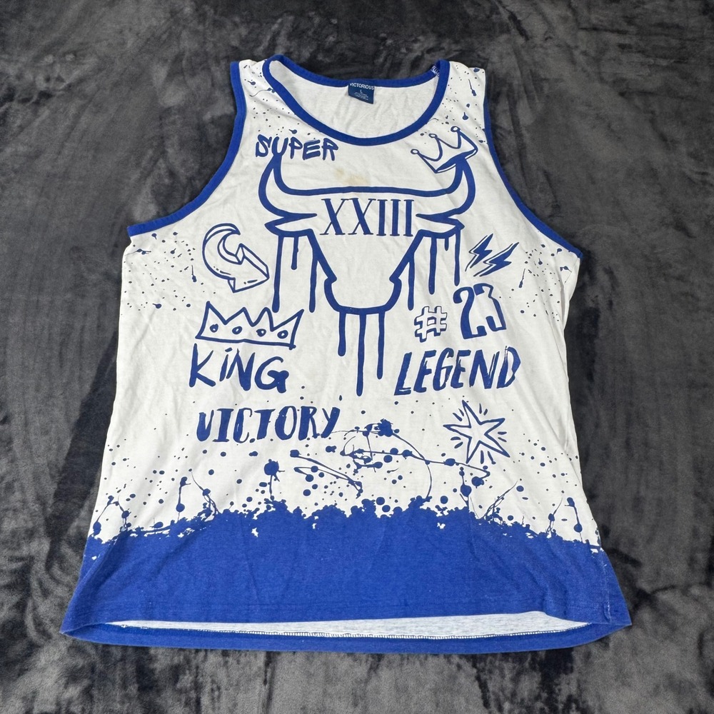 Victorious Tank Top Mens Large White Blue Graphic Bull XXIII Legend 3645